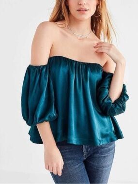 Urban Outfitters Teal Off The Shoulder Puff Sleeve Satin Top Sz XS